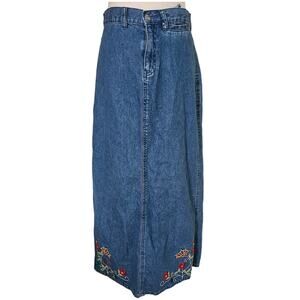 Vintage Jean Maxi Skirt Blue Denim Floral Embroidery Slit 90s 100% Cotton Small